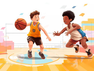体育教育篮球兴趣班招生卡通人物男孩打篮球场景